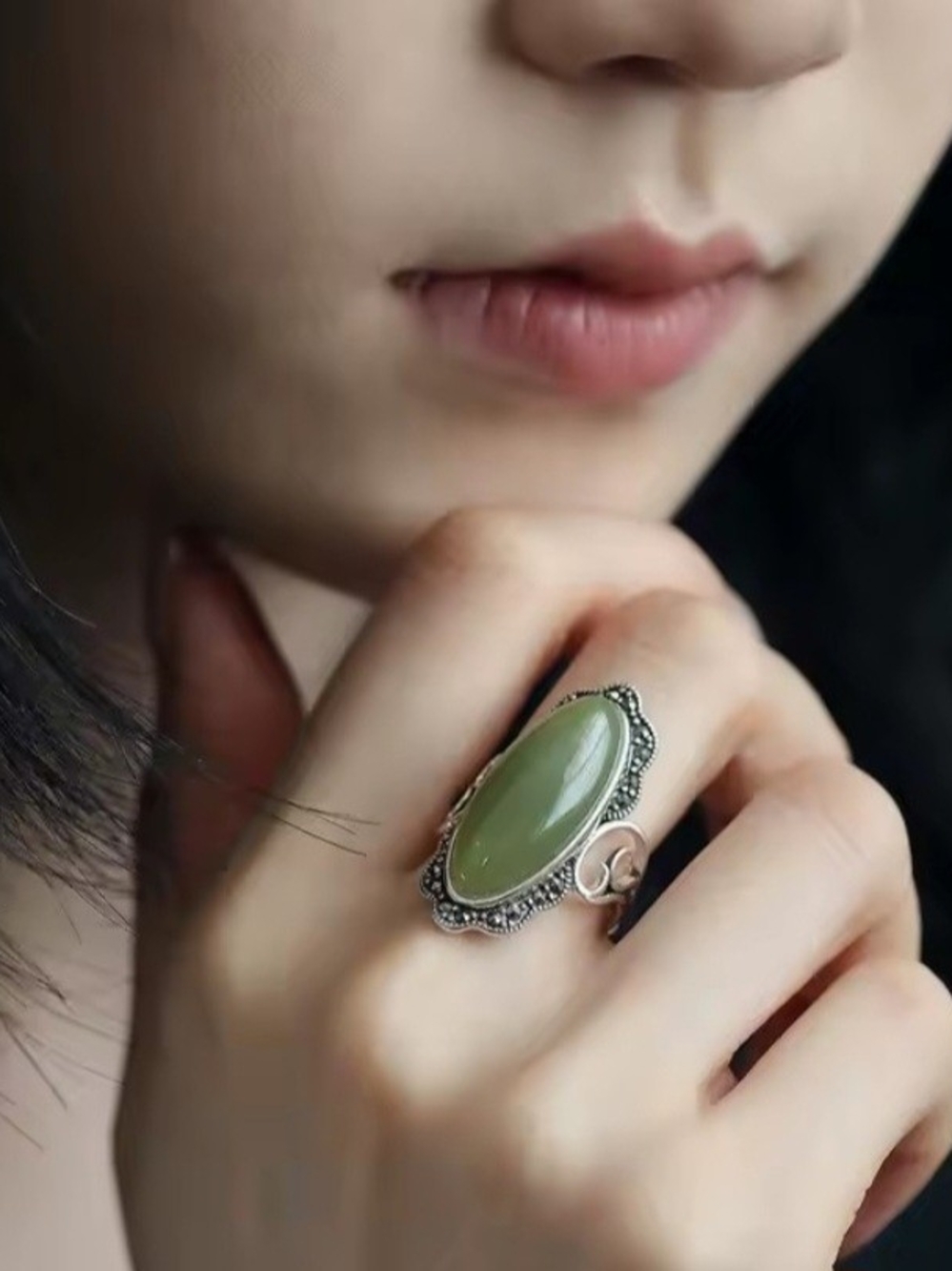 Green Jade Stone ( HOA DIEN) Silver-Accent Statement Ring - Women Jewelry